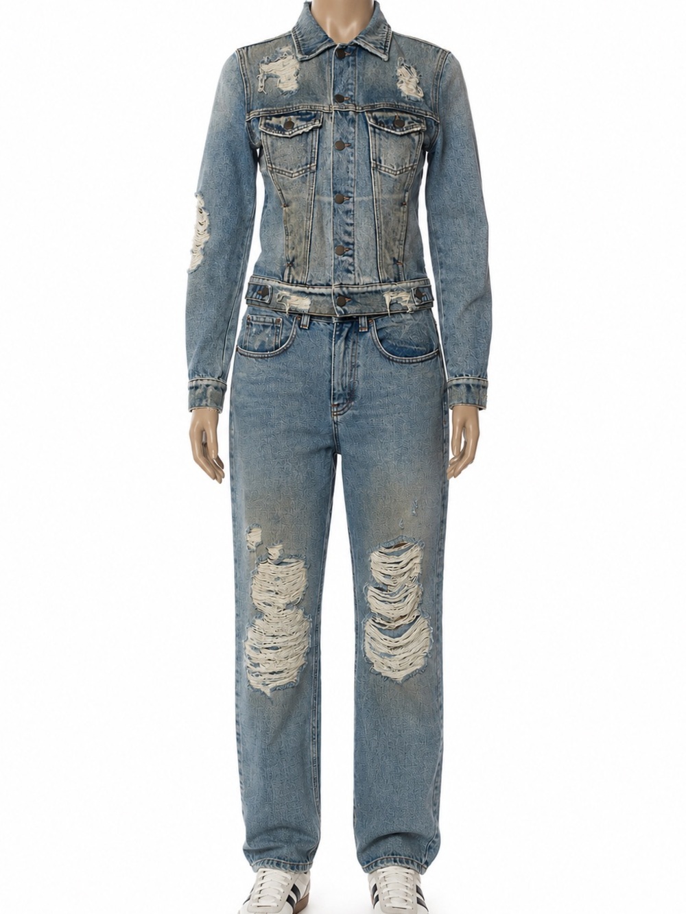 RETROFĂTE NEW Distressed Designer Vintage Denim Set Jean Jacket and Pants - Picture 2 of 15